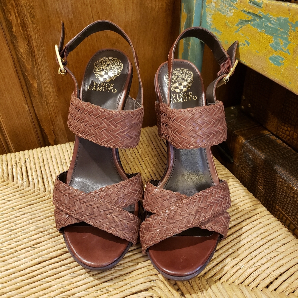 VINCE CAMUTO Claire Brown Braided Leather Slingback Heels - Size 10B